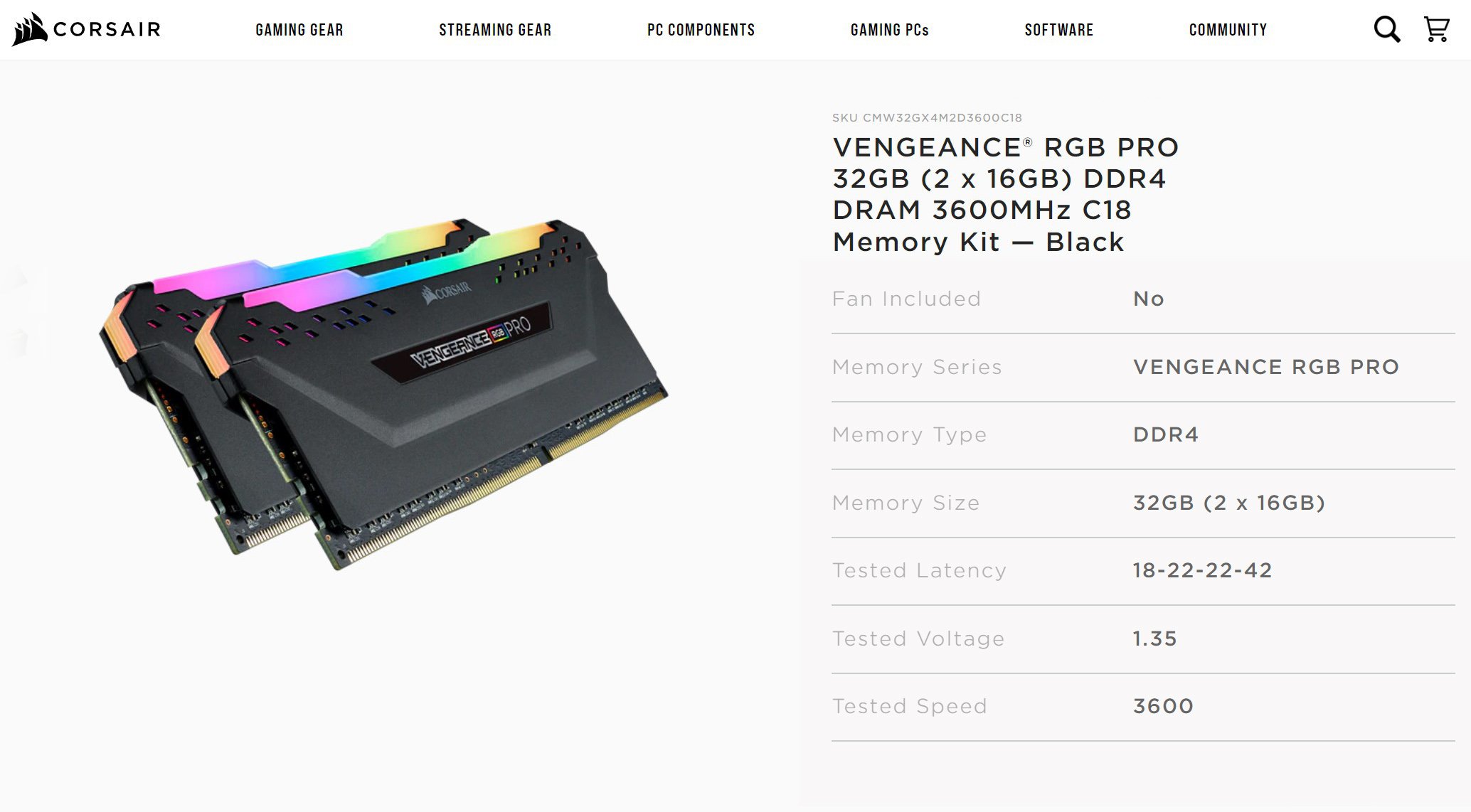 Corsair Vengeance RGB PRO DIMM Kit 32GB DDR4 3600 CL18 22 22 42