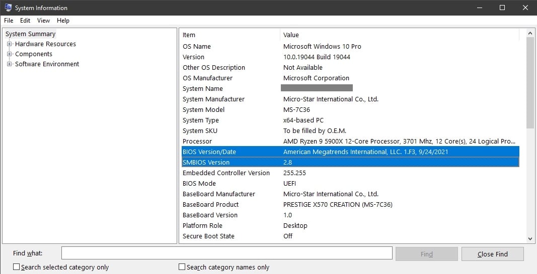 System Information BIOS Version