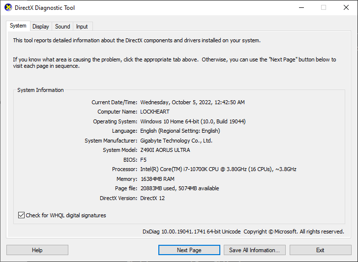 PC Specs via directX Diagnostic Tool