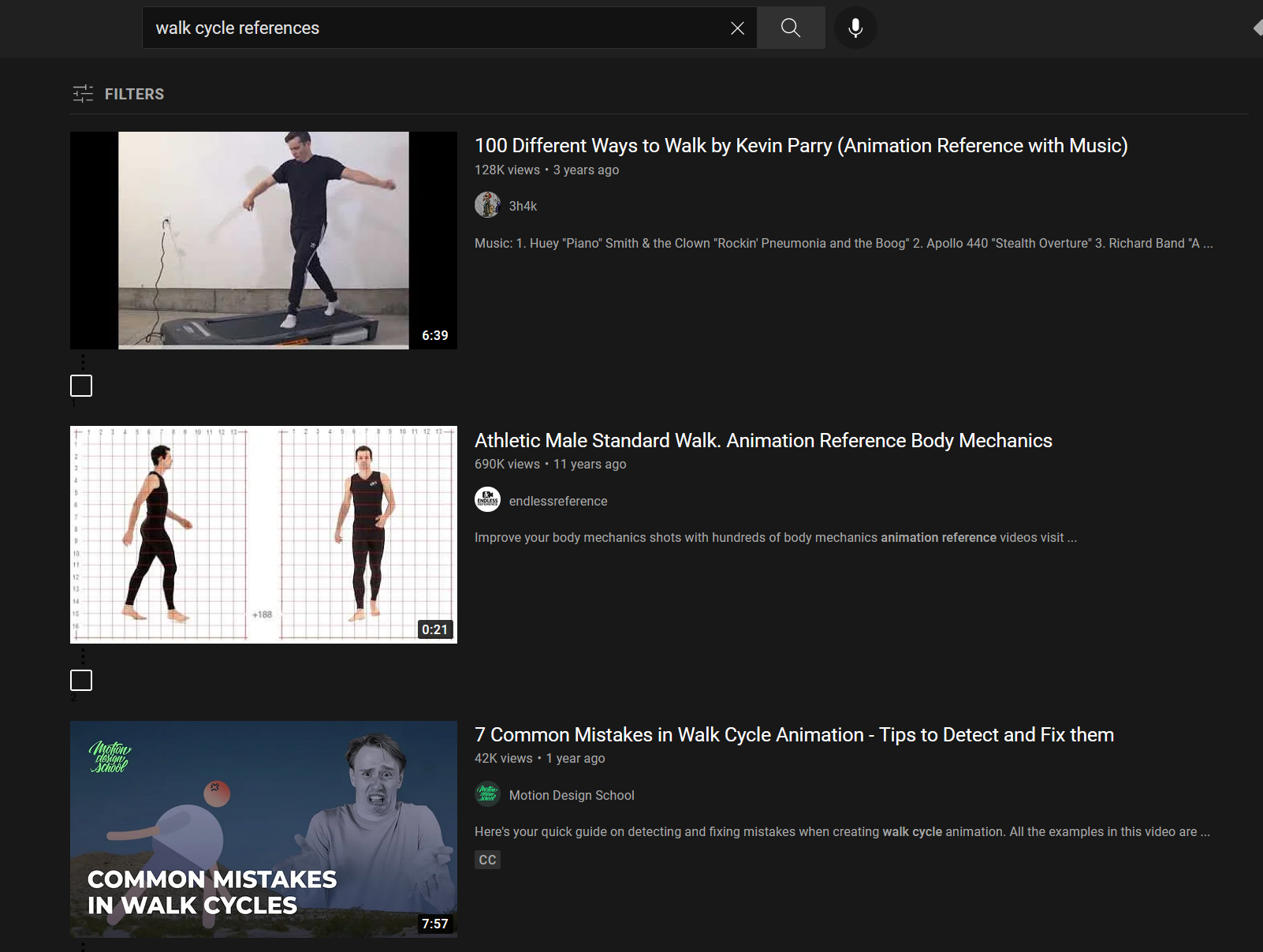 Walk cycle reference search results from YouTube
